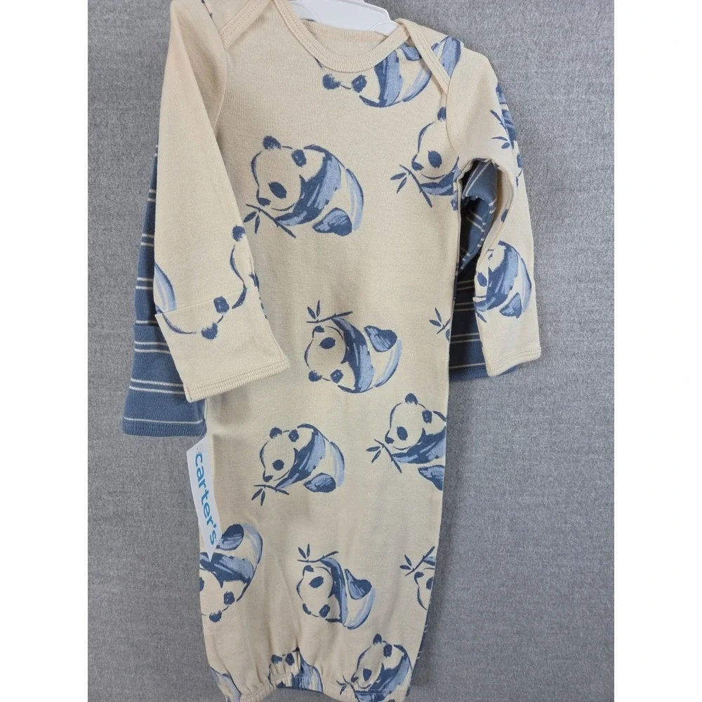 Carters Newborn Baby Sleep Gown Set Panda Bears Blue Stripes Soft Comfort NEW